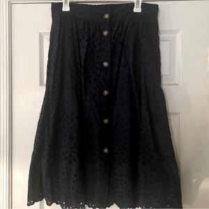 Loft eyelet button-front midi skirt, navy, size 8.